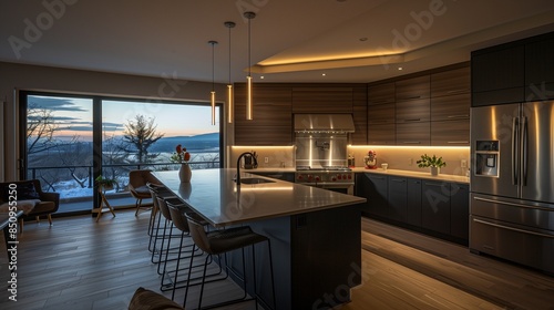 A cozy kitchen interior featuring a spacious bar island and cooking area bathed in natural light from a panoramic window, with modern appliances and sleek countertops.