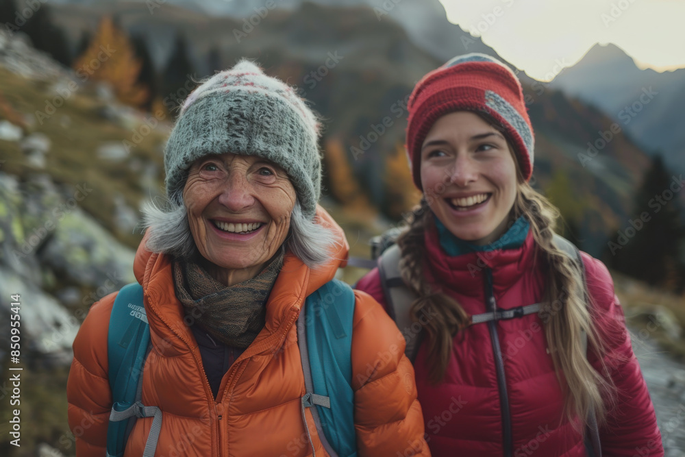 Senior and Young Woman Hiking at Sunset in Mountainous Landscape Senior and Young Woman Hiking at Sunset in Mountainous Landscape