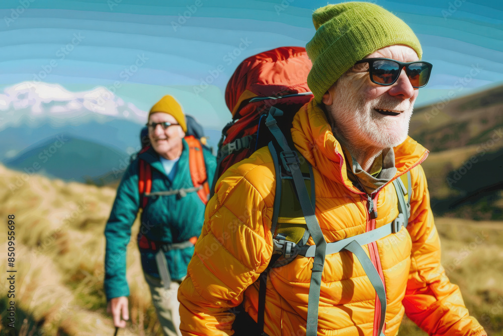Elderly Couple Hiking in The Mountains at Daytime Elderly Couple Hiking in The Mountains at Daytime