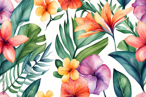 A seamless pattern of colorful tropical flowers and leaves fills the frame. The background is white. The flowers feature a variety of shapes and sizes, with prominent blooms in shades of red, pink etc