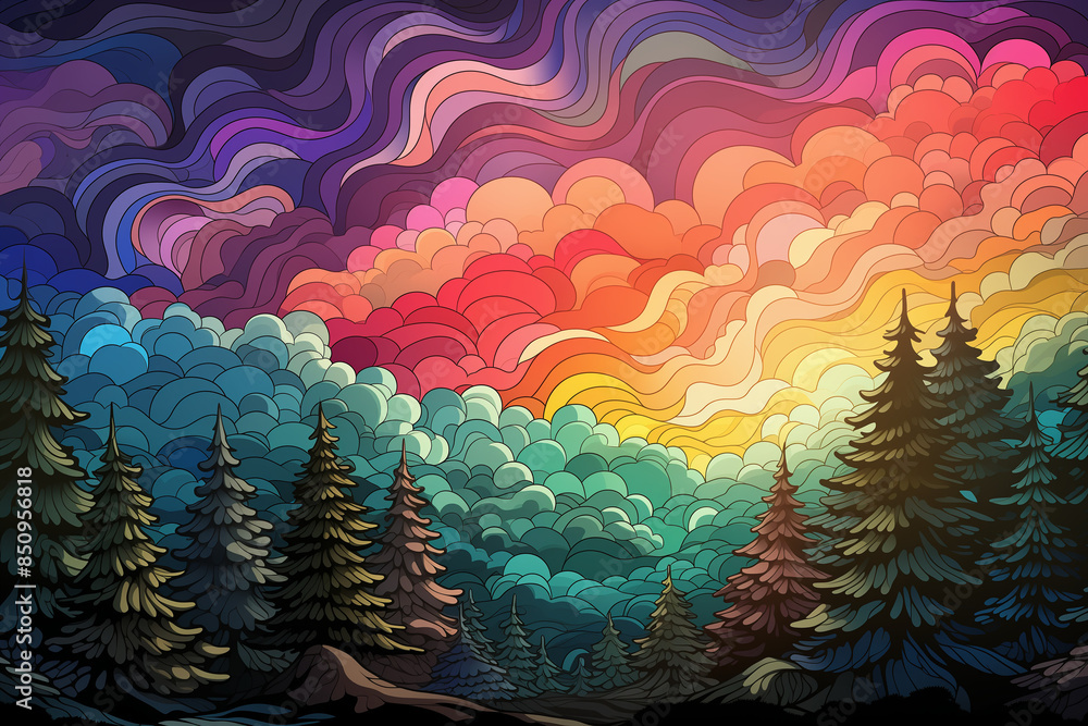 Fototapeta premium colored clouds. Rainbow sky over the forest. Drawing with rainbow colors