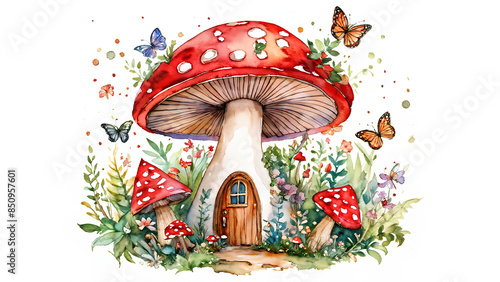 A whimsical mushroom fairy house with a red cap adorned with white spots, surrounded by vibrant flowers, greenery, and colorful butterflies, creating a magical and enchanting scene. photo