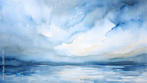 A serene watercolor painting of a calm environment reflecting tranquility, with smooth and reflective water surfaces, depicted in cool color palettes of blue and white. photo