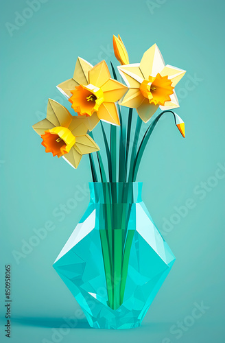 three yellow daffodils in blue polygonal style on the light blue background