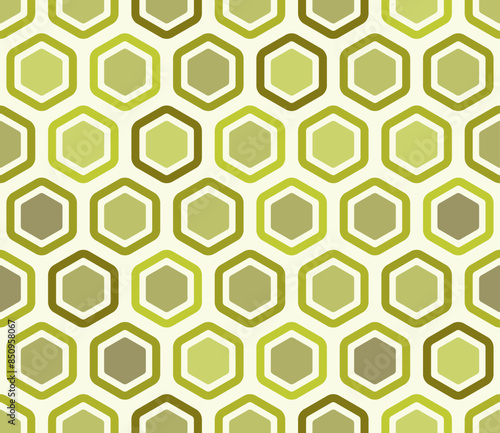 Seamless mosaic background. Bold rounded hexagon cells with padding and inner solid cells. Green color tones. Large hexagon shapes. Tileable pattern. Seamless vector illustration.