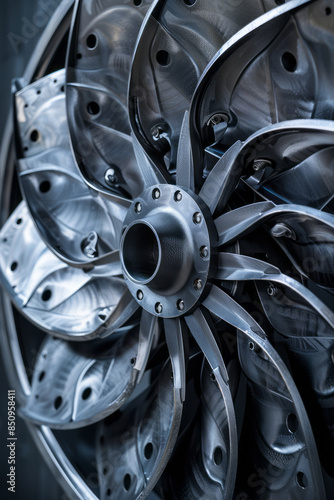 Elegant shot of a fan designed with recycled metal gears, set against a clean, modern background,