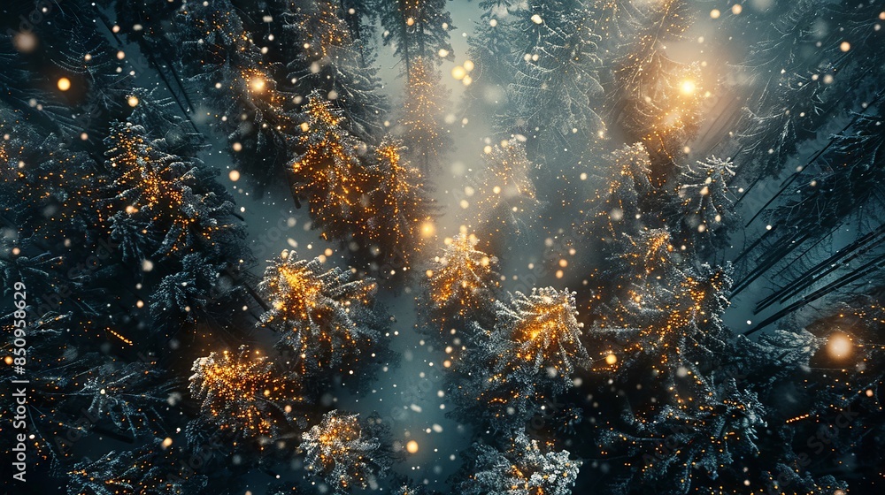 Snowy Forest Illuminated by Twinkling Lights in Winter Night Snowy Forest Illuminated by Twinkling Lights in Winter Night