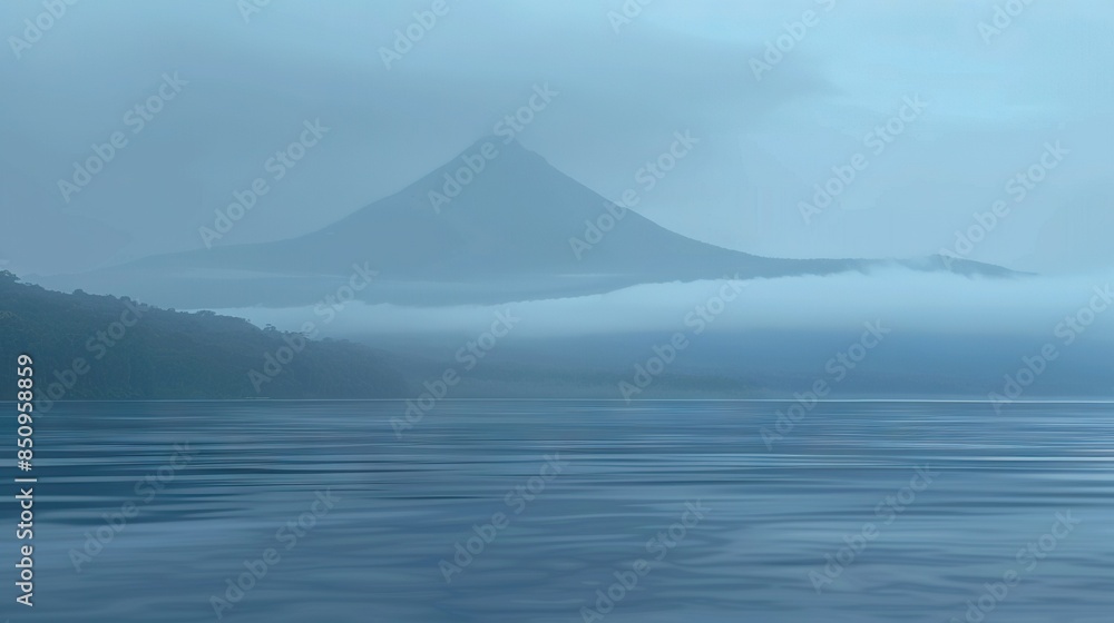 A vast expanse of water with a distant mountain and a hazy atmosphere above it A vast expanse of water with a distant mountain and a hazy atmosphere above it
