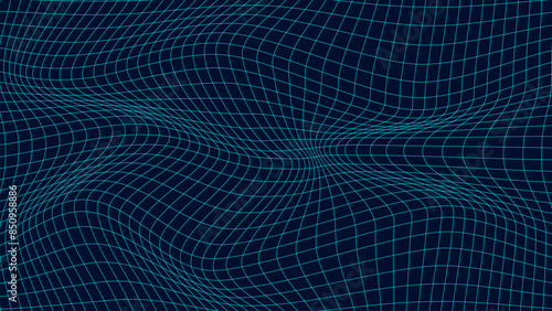 Curved grid texture or background. 3d distorted wave pattern with the optical illusion. Big data visualization. Vector illustrations.