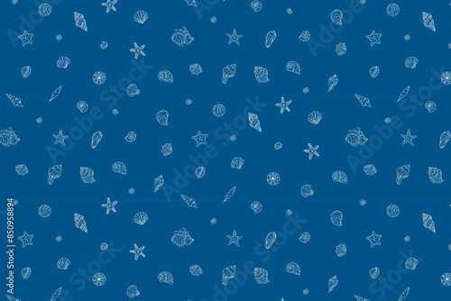 Underwater seamless pattern with seashells line art illustrations in white color on blue background.Ocean seashell, starfish spiral mollusk. Elements of water design repeat the ornament