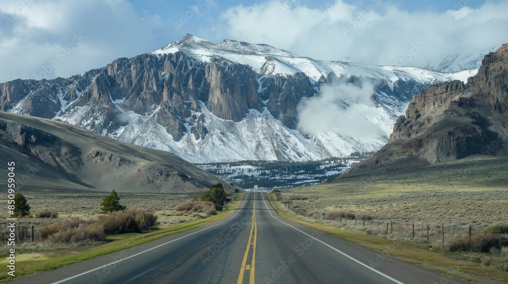 Fototapeta premium asphalt Road in Iceland with winter snowy mountains in background