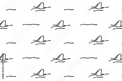 Fin shark dolphin whale, sea ocean doodle vector seamless pattern isolated wallpaper background white.
