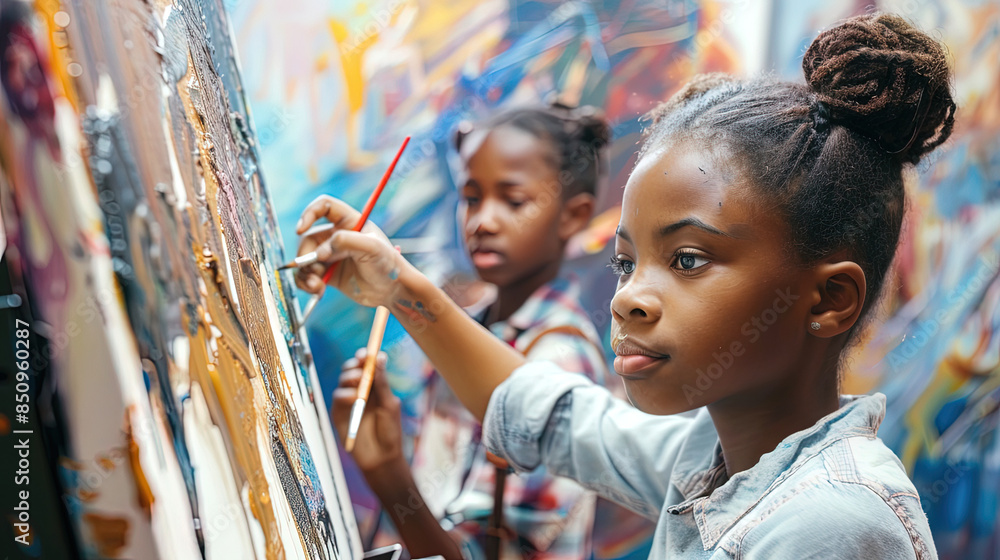 Preschool children of different nationalities study in the art education studio. Children learn to draw at art school. Preschool children of different nationalities study in the art education studio. Children learn to draw at art school.