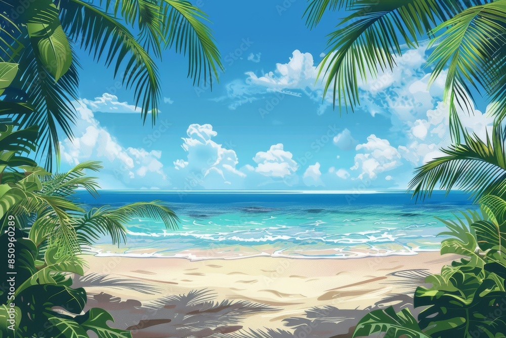 Obraz premium Tropical Beach Paradise Framed by Palm Trees