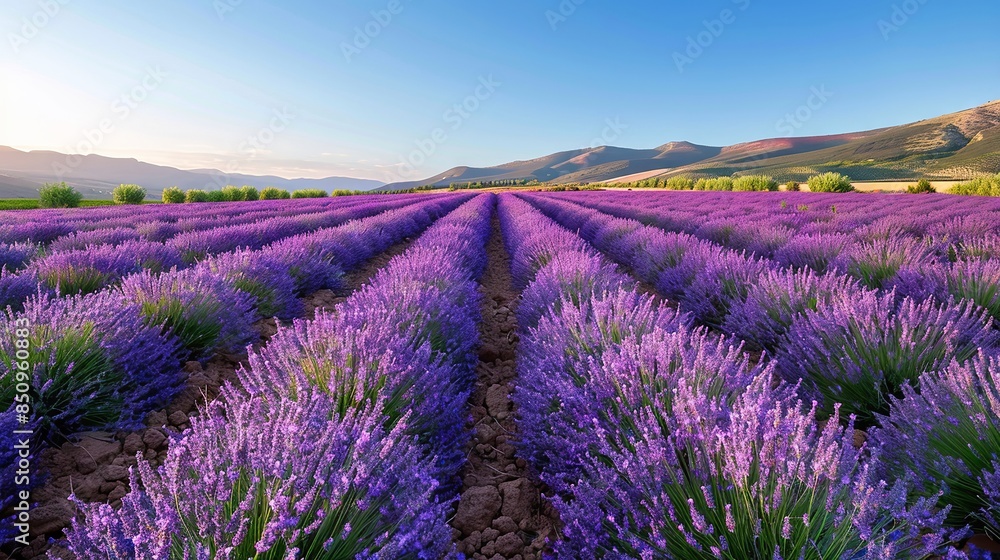 Obraz premium Lavender Field at Sunrise with Picturesque Mountains in the Background