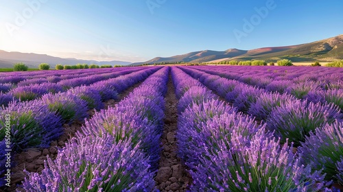 Lavender Field at Sunrise with Picturesque Mountains in the Background