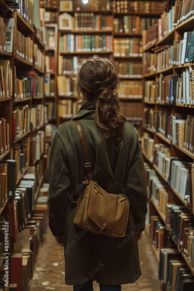 Elegant photo of a reader walking through a library aisle, surrounded by rows of neatly arranged books, Elegant photo of a reader walking through a library aisle, surrounded by rows of neatly arranged books,