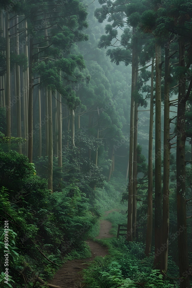 Naklejka premium A dense forest with towering trees, a narrow path winding through the woods. Mist rising from behind the trees, creating an ethereal atmosphere. The green leaves of various 