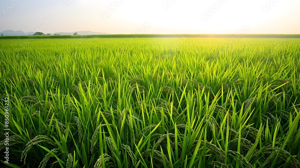Fototapeta premium A vast expanse of fields with lush green rice seedlings swaying gently in the breeze, under the warm sunlight of a clear summer noon, capturing the tranquility and vitality of nature with a realistic 