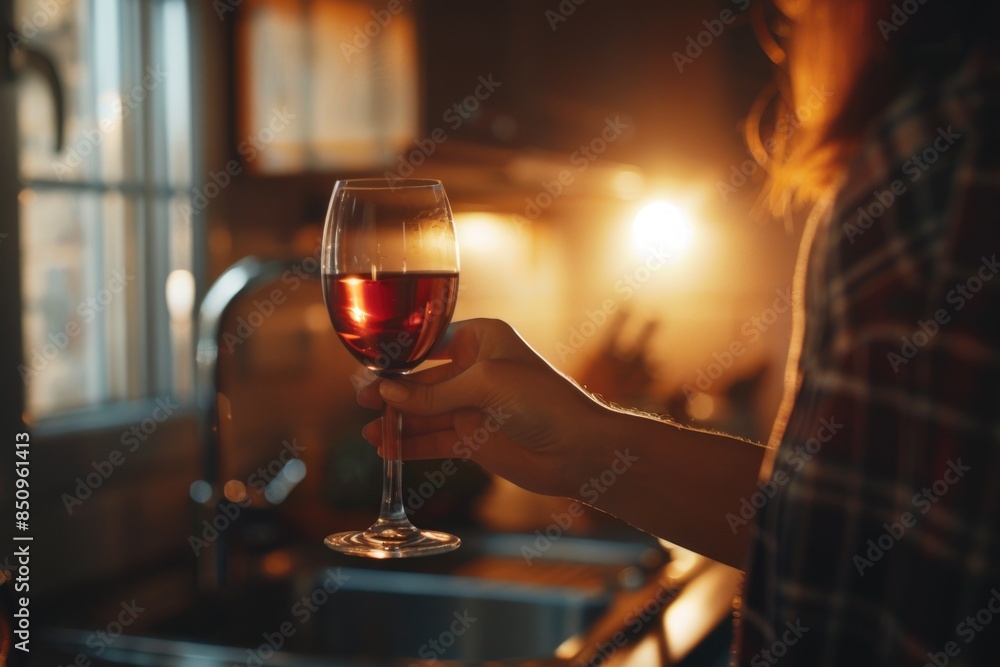 A person holding a glass of wine in a kitchen setting, suitable for use in food and drink related content A person holding a glass of wine in a kitchen setting, suitable for use in food and drink related content