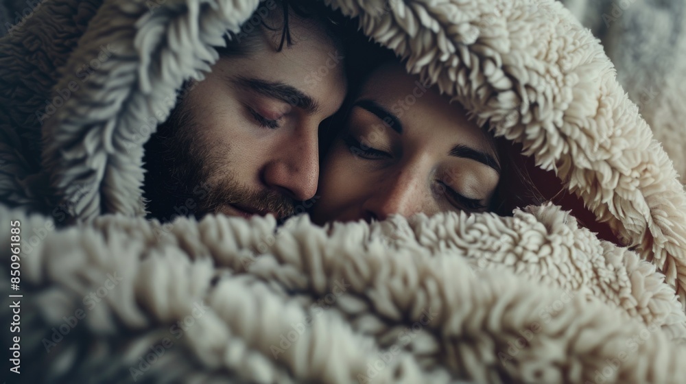 A man and a woman snuggled up together in a blanket, symbolizing their closeness and comfort with each other A man and a woman snuggled up together in a blanket, symbolizing their closeness and comfort with each other