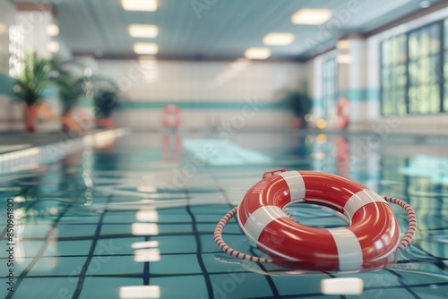 A rubber life preserver floating on the edge of a swimming pool photo