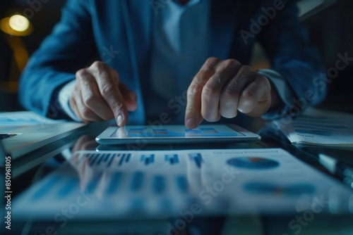 economic analysis businessman scrutinizing sales data on tablet financial growth charts