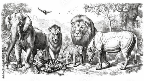 Majestic vintage engraving African savanna elephants lions wildlife