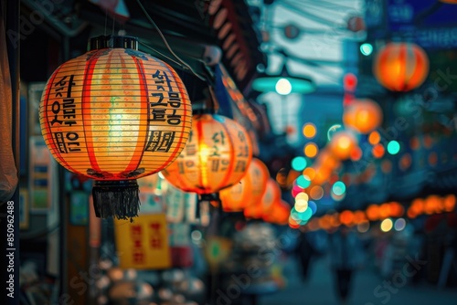 A row of lanterns hangs from the exterior wall of a building, casting warm light in the evening