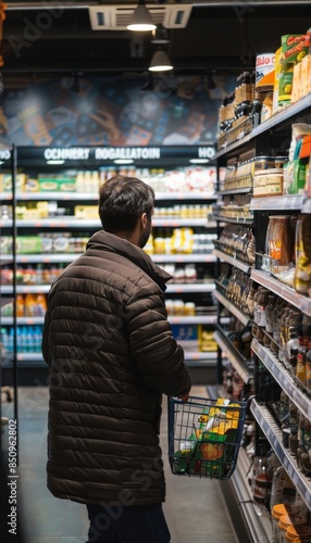 Busy Parent Shopping for Gluten-Free Groceries in a Modern Supermarket, Carefully Selecting Products