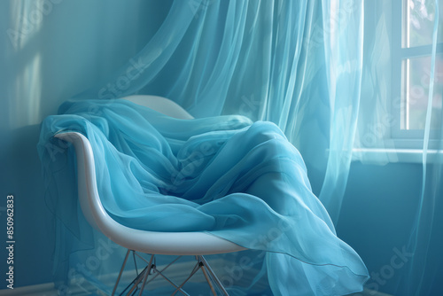 Elegant depiction of a cyan silk scarf draped over a minimalist chair,