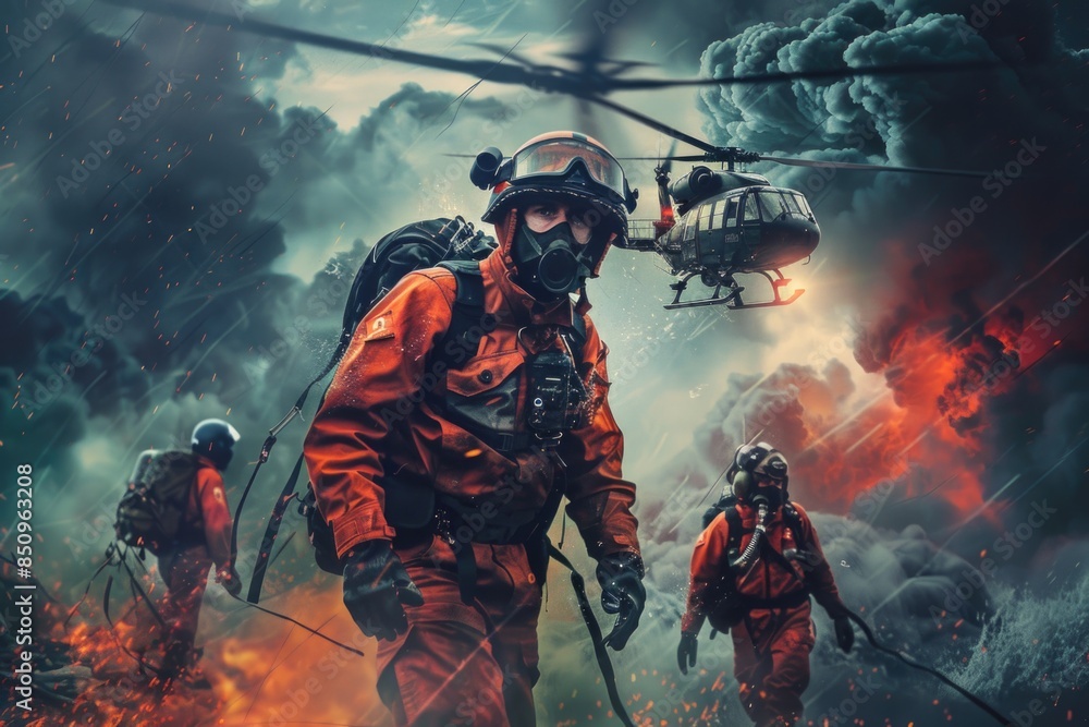 Group of soldiers walking through a field with a helicopter in the background Group of soldiers walking through a field with a helicopter in the background