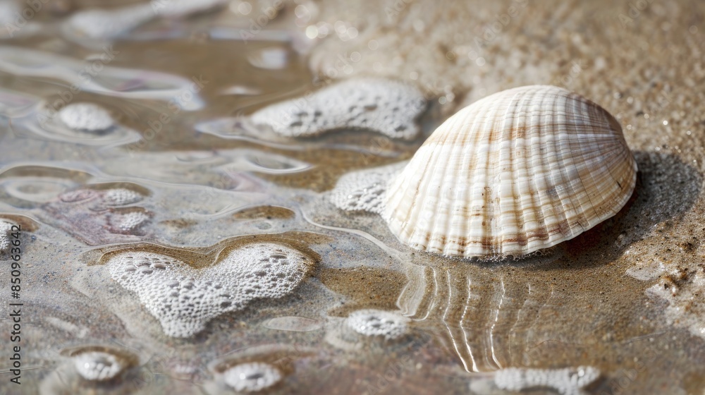 Small white seashell with a hole in wet sandy background Small white seashell with a hole in wet sandy background