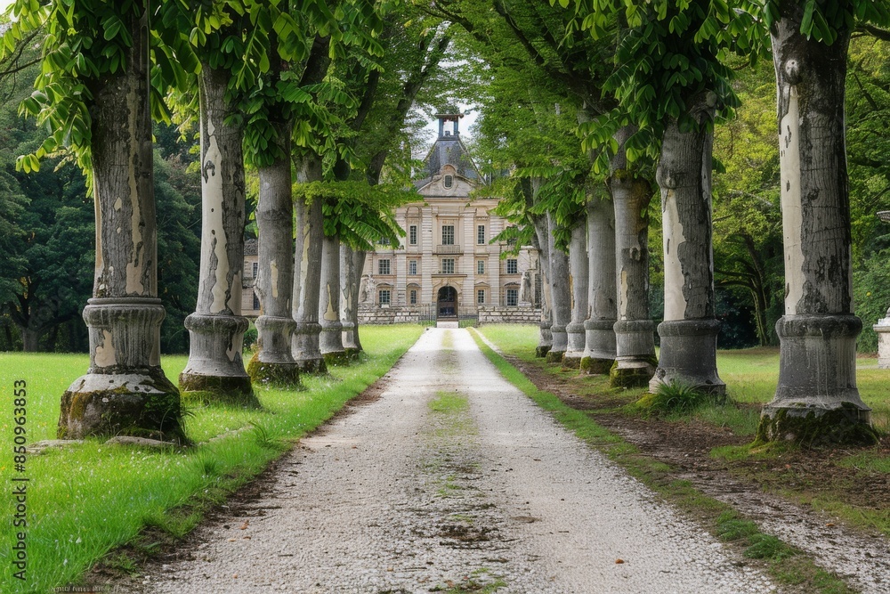 A peaceful pathway lined with tall trees leading to a magnificent castle with a rich history, set against a clean white background. A peaceful pathway lined with tall trees leading to a magnificent castle with a rich history, set against a clean white background.