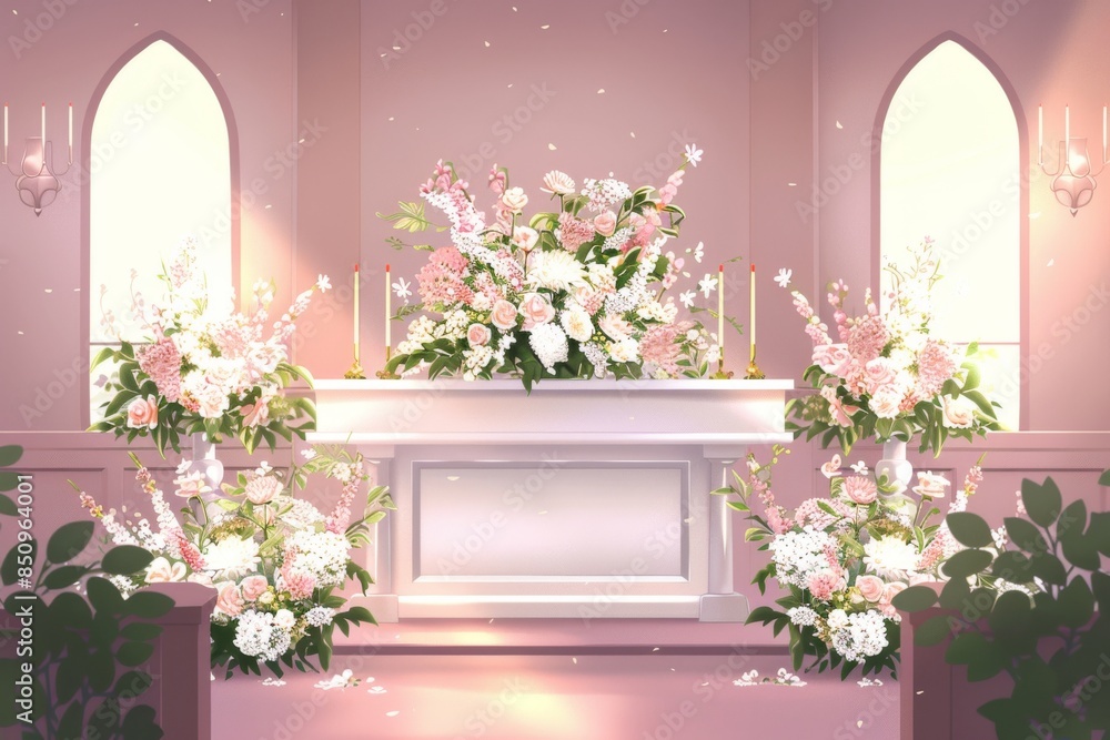 Fototapeta premium A beautifully decorated altar, adorned with fresh flowers, creating an elegant ambiance for a joyful celebration.