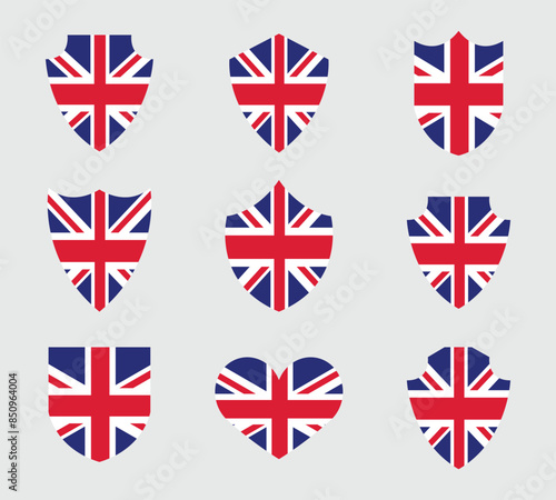 shields icon set with british flag isolated on white background. British Flag in Different shield shapes