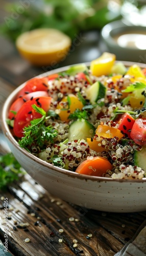 Healthy Quinoa Grain Bowl with Fresh Vegetables and Light Dressing for Wholesome Eating