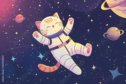 cartoon animals in space, cat in spacesuit levitates in space