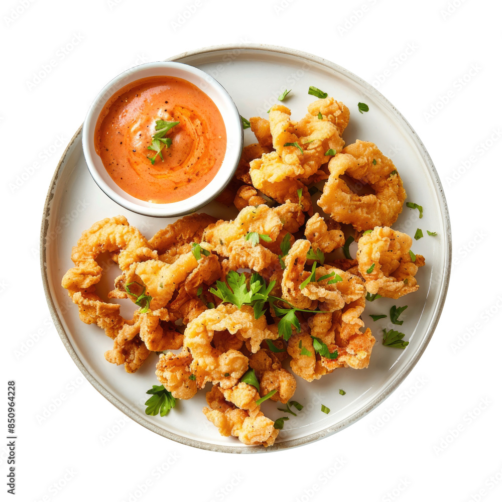 Plate of Fried Clam Strips with Cocktail Sauce Isolated on a Transparent Background Plate of Fried Clam Strips with Cocktail Sauce Isolated on a Transparent Background