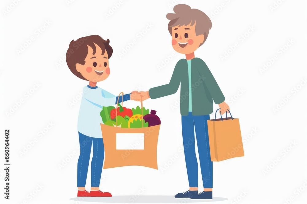 A heartwarming illustration of a smiling child selflessly handing a bag of groceries to an elderly person at a community food drive, symbolizing compassion and intergenerational support. A heartwarming illustration of a smiling child selflessly handing a bag of groceries to an elderly person at a community food drive, symbolizing compassion and intergenerational support.