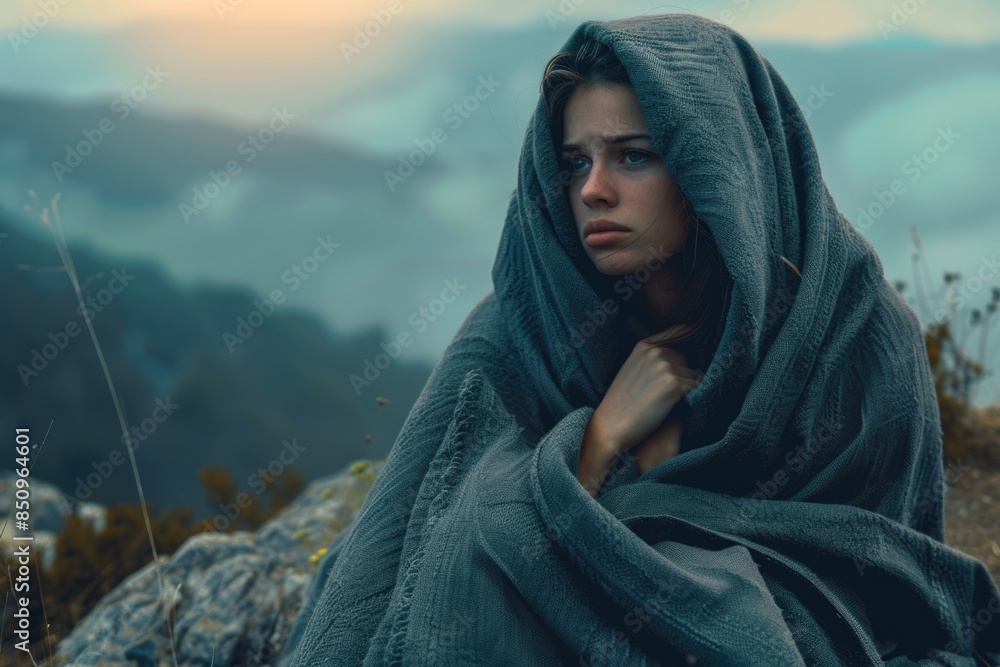 A woman wrapped in a blanket sitting on a rock, useful for outdoor or nature-themed projects A woman wrapped in a blanket sitting on a rock, useful for outdoor or nature-themed projects