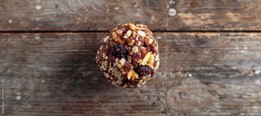 Close-Up of Raw Energy Ball with Nuts, Seeds, and Dried Fruits on Rustic Wooden Table Close-Up of Raw Energy Ball with Nuts, Seeds, and Dried Fruits on Rustic Wooden Table