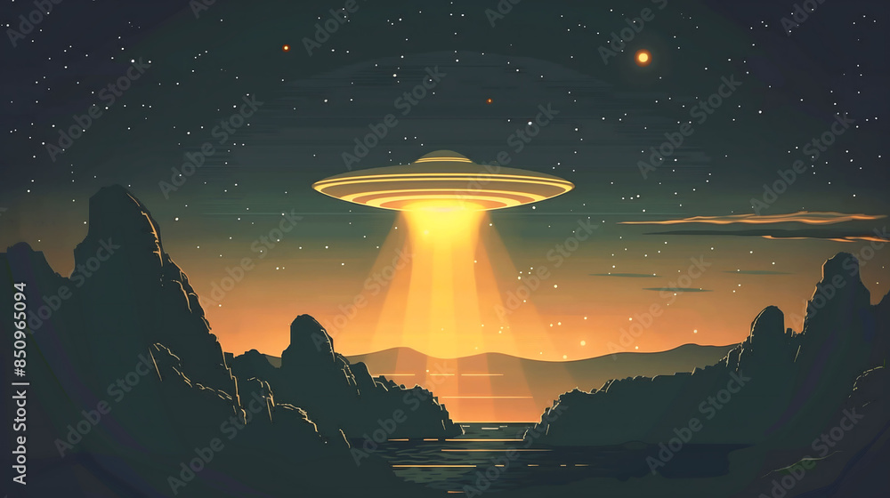Poster dedicated to the day of nlo, flying saucer on the background of the dark sky concept of science fiction and space exploration Poster dedicated to the day of nlo, flying saucer on the background of the dark sky concept of science fiction and space exploration