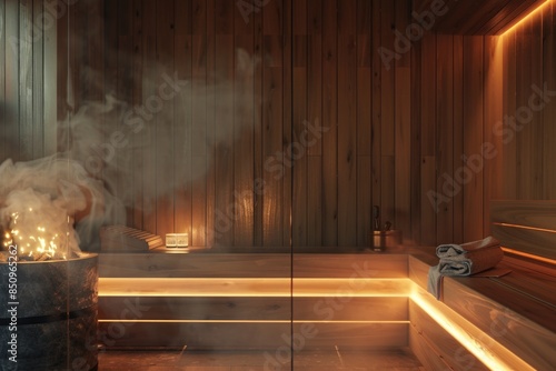 Sauna room with steam bath facility inside a wooden cabin photo