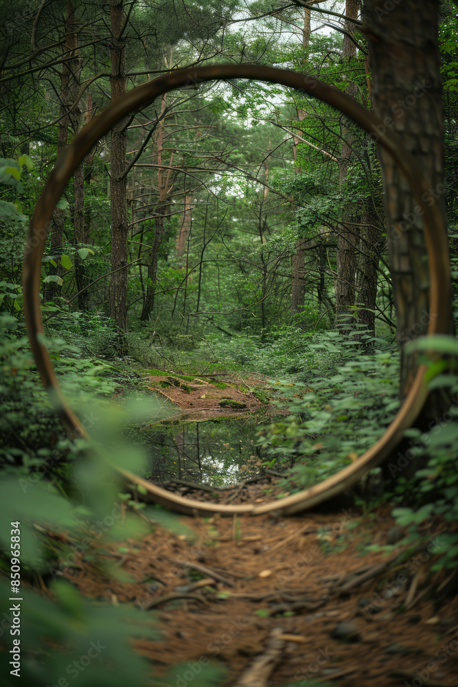 Obraz premium Minimalist aesthetic of a curved mirror reflecting a tranquil, distorted forest scene,