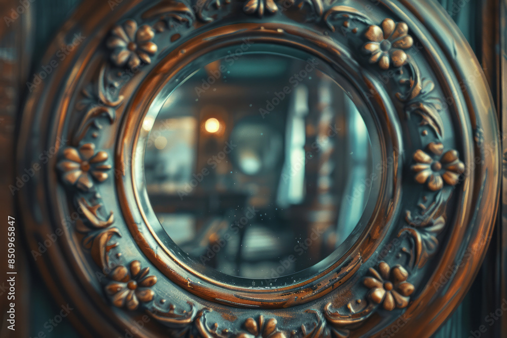 Fototapeta premium Elegant shot of a vintage warped mirror reflecting a modern, minimalist interior,