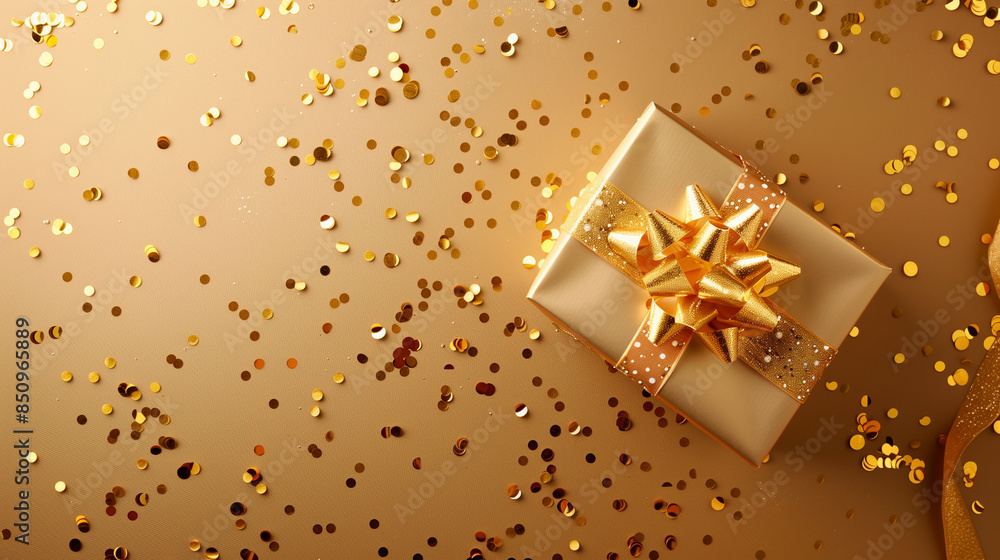 Elegant Golden Gift Box with Glittering Confetti on golden Background, copy space Elegant Golden Gift Box with Glittering Confetti on golden Background, copy space