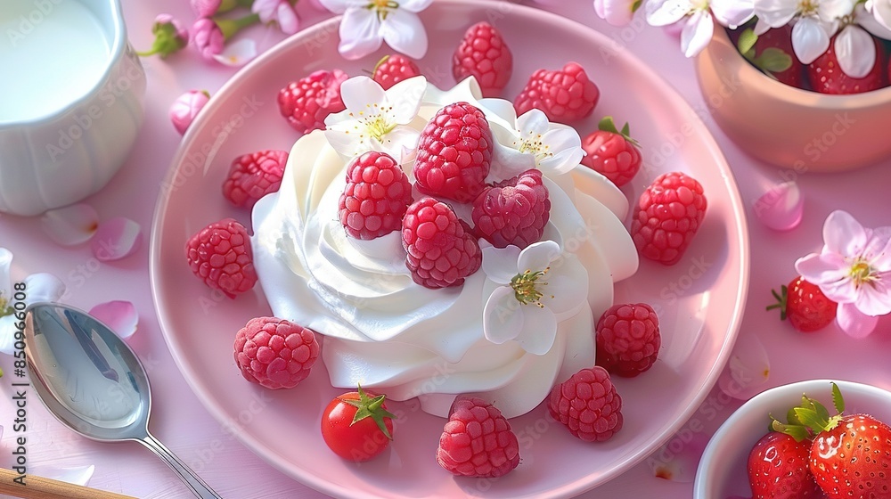 A platter topped with whipped cream and raspberries beside a bowl of strawberries and a glass of milk A platter topped with whipped cream and raspberries beside a bowl of strawberries and a glass of milk