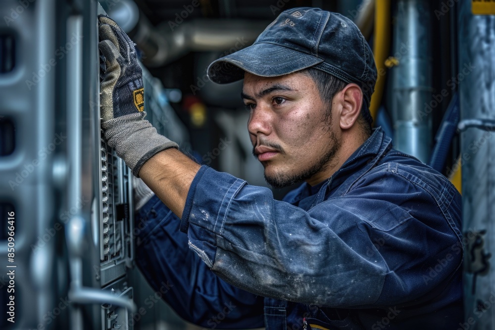 A person in a blue shirt and hat working on machinery, great for business or industrial use A person in a blue shirt and hat working on machinery, great for business or industrial use