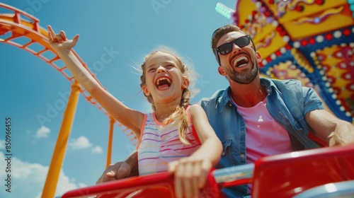 Fototapeta Naklejka Na Ścianę i Meble -  A father-son moment of excitement and thrills at an amusement park